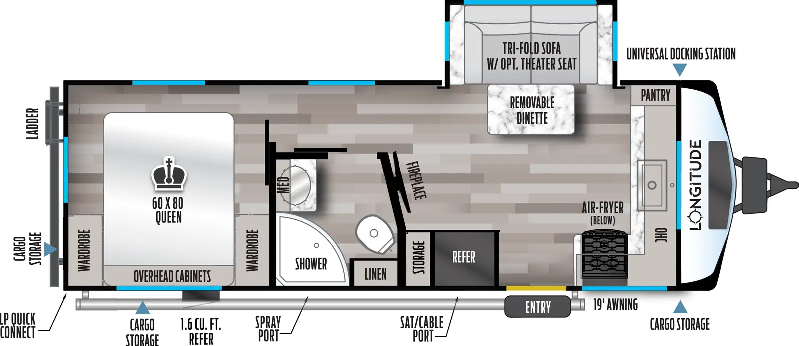 The 230FK has one slideout and one entry. Exterior features cargo storage, universal docking station, 19 foot awning, satellite/cable port, spray port, refrigerator, LP quick connect, and rear ladder. Interior layout front to back: front pantry, kitchen counter with sink, and overhead cabinet wrap to door side with microwave and cooktop with air fryer below; off-door side slideout with tri-fold sofa and removable dinette (theater seat optional); door side entry, refrigerator and storage; TV and fireplace along angled interior wall; door side full bathroom with linen closet and medicine cabinet; rear bedroom with door side queen bed with overhead cabinets and wardrobes on each side.